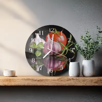 Kulaté skleněné hodiny na zeď Rajčatový česnek