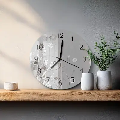 Kulaté skleněné hodiny na stěnu Květiny