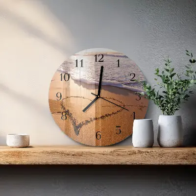 Kulaté skleněné hodiny na stěnu Srdce pláže