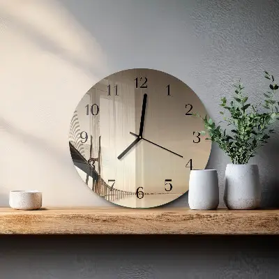 Hodiny s fotkou skleněné kulaté Most v sépiové barvě