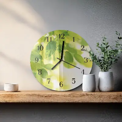 Kulaté skleněné hodiny na zeď Listy