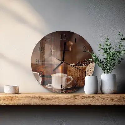 Kulaté skleněné hodiny na zeď Šálek kávy