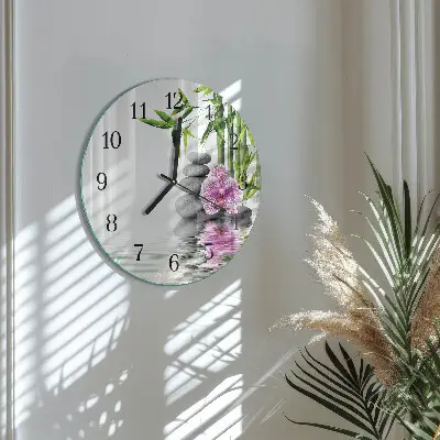 Hodiny na skle kulaté Kameny a orchidej