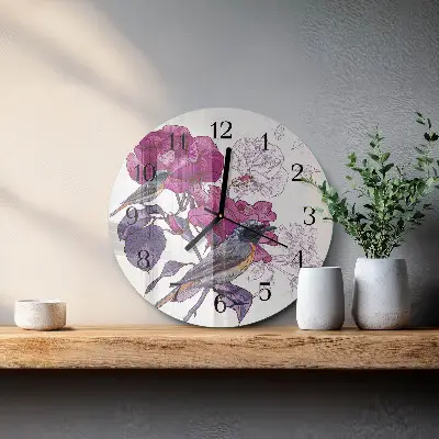Nástěnné hodiny skleněné kulaté Ptáci a květiny