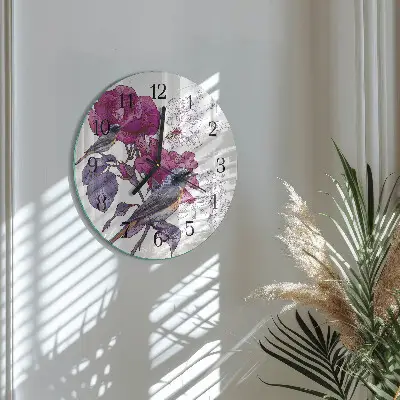 Nástěnné hodiny skleněné kulaté Ptáci a květiny