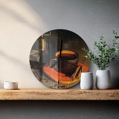 Kulaté skleněné hodiny na stěnu Káva