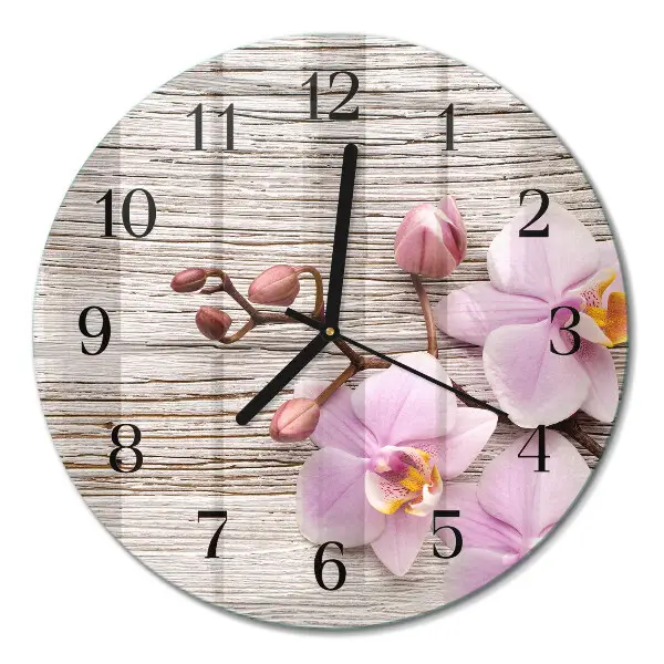 Kulaté skleněné hodiny na zeď Orchidej