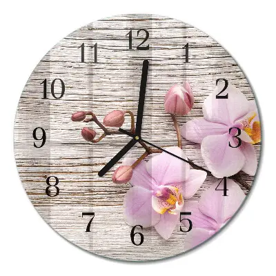 Kulaté skleněné hodiny na zeď Orchidej