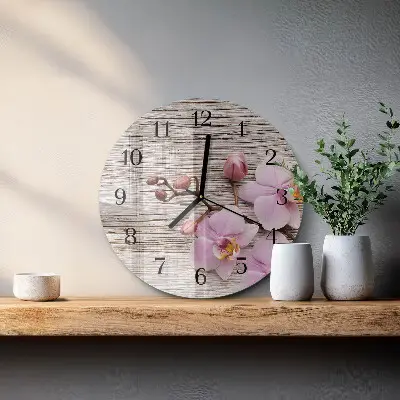 Kulaté skleněné hodiny na zeď Orchidej