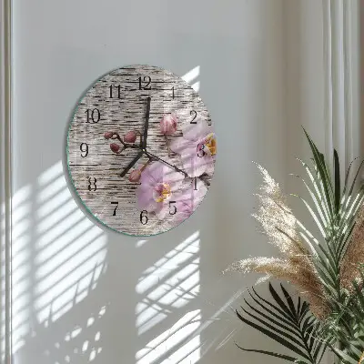 Kulaté skleněné hodiny na zeď Orchidej