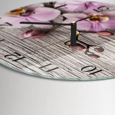 Kulaté skleněné hodiny na zeď Orchidej