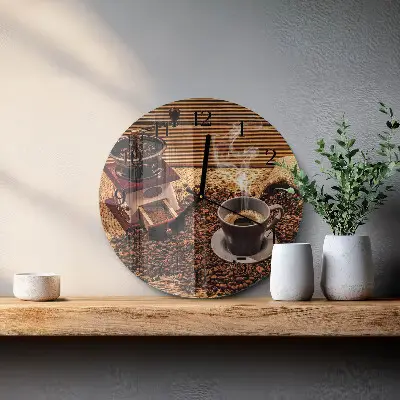 Kulaté skleněné hodiny na zeď Kávová zrna