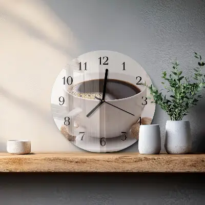 Kulaté skleněné hodiny na zeď Káva