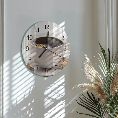 Kulaté skleněné hodiny na zeď Káva