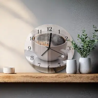 Kulaté skleněné hodiny na zeď Káva