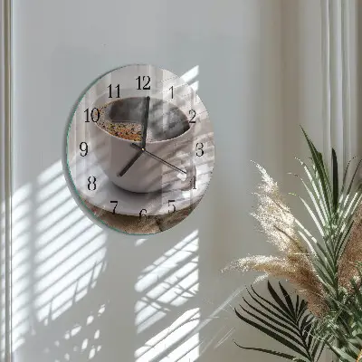 Kulaté skleněné hodiny na zeď Káva