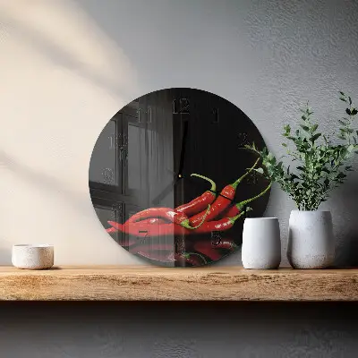 Kulaté skleněné hodiny na stěnu Chilli papričky