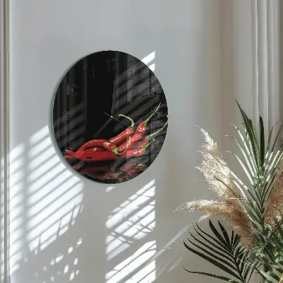 Kulaté skleněné hodiny na stěnu Chilli papričky