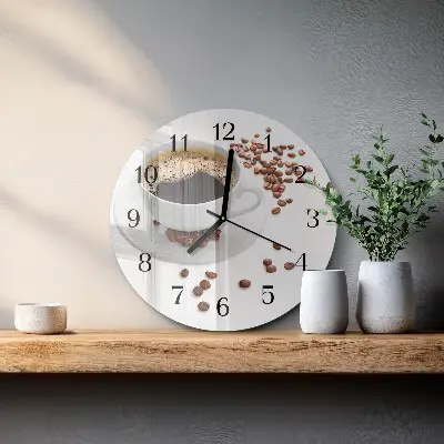 Kulaté skleněné hodiny na stěnu Káva