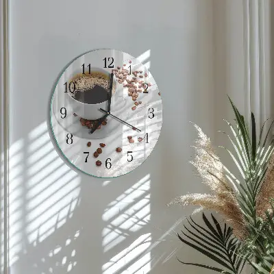 Kulaté skleněné hodiny na stěnu Káva