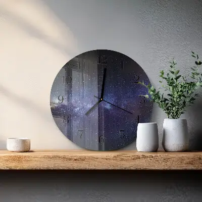 Kulaté skleněné hodiny na zeď Galaxie