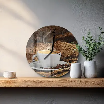 Hodiny s fotkou skleněné kulaté Kávová zrna