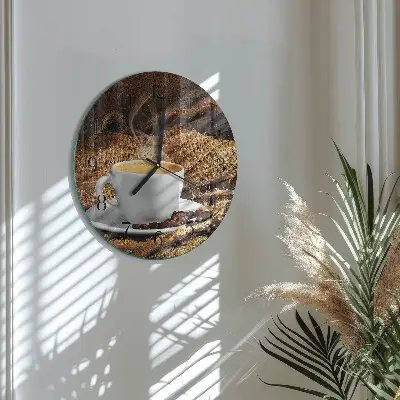Hodiny s fotkou skleněné kulaté Kávová zrna