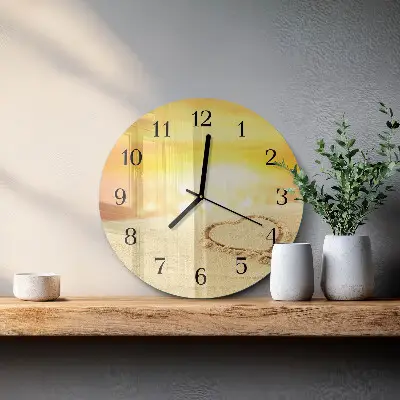 Hodiny s fotkou skleněné kulaté Srdce v písku