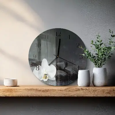 Kulaté skleněné hodiny na stěnu Květina a kameny
