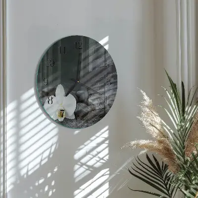 Kulaté skleněné hodiny na stěnu Květina a kameny