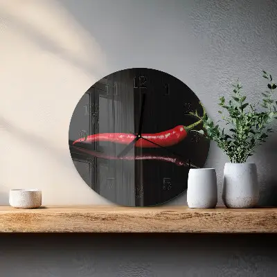Kulaté skleněné hodiny na stěnu Chilli paprička
