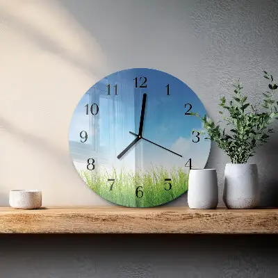 Hodiny s fotkou skleněné kulaté Tráva