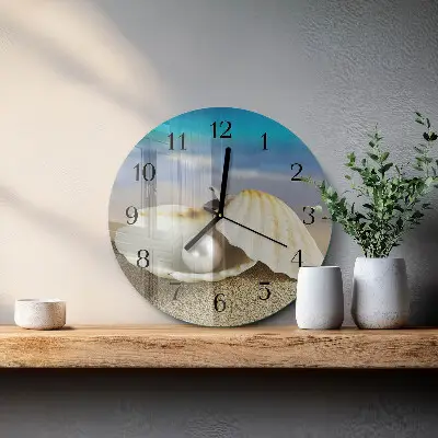 Kulaté skleněné hodiny na zeď Perla v mušli