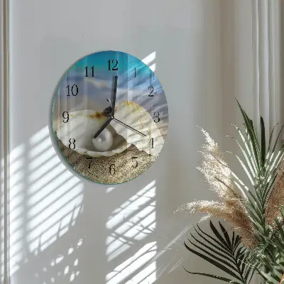 Kulaté skleněné hodiny na zeď Perla v mušli