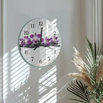 Hodiny na skle kulaté Orchidej