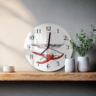 Kulaté skleněné hodiny na zeď Chilli papričky