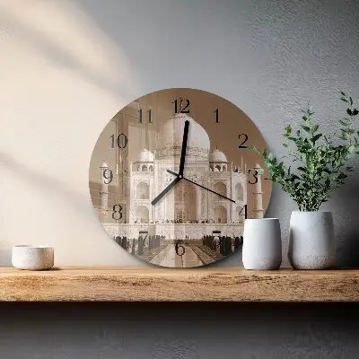 Kulaté skleněné hodiny na stěnu Tádž Mahal v sépiové barvě