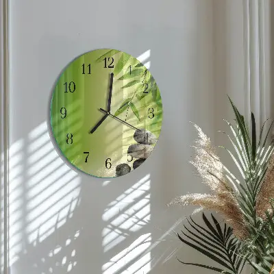 Nástěnné hodiny skleněné kulaté Bambusové kameny