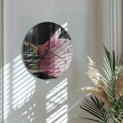 Kulaté skleněné hodiny na zeď Květ magnólie