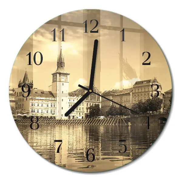 Kulaté skleněné hodiny na zeď Hrad v sépiovém odstínu