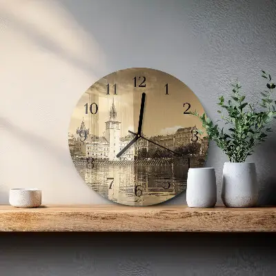 Kulaté skleněné hodiny na zeď Hrad v sépiovém odstínu