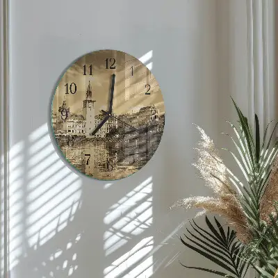 Kulaté skleněné hodiny na zeď Hrad v sépiovém odstínu