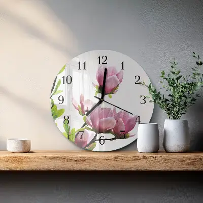 Kulaté skleněné hodiny na zeď Květ magnólie