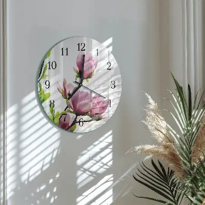 Kulaté skleněné hodiny na zeď Květ magnólie