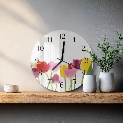 Nástěnné hodiny skleněné kulaté Barevné tulipány