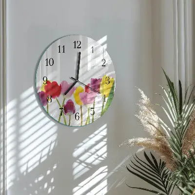 Nástěnné hodiny skleněné kulaté Barevné tulipány