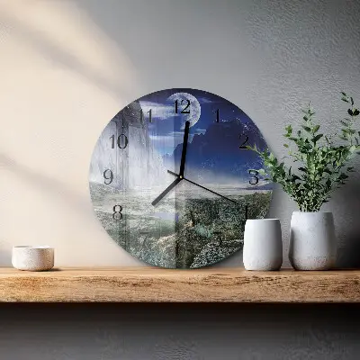 Kulaté skleněné hodiny na zeď Měsíc v horách