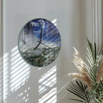 Kulaté skleněné hodiny na zeď Měsíc v horách