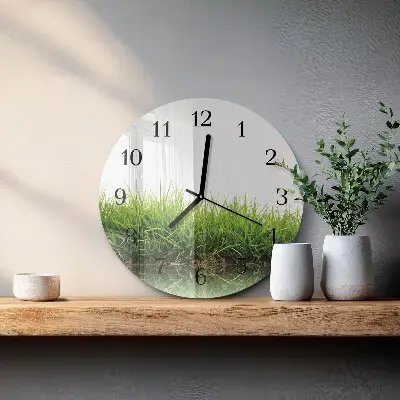 Hodiny s fotkou skleněné kulaté Tráva
