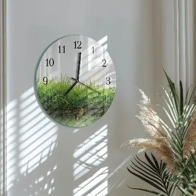 Hodiny s fotkou skleněné kulaté Tráva